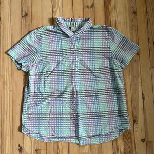 LL Bean Women's XL Short Sleeve‎ Button Down Plaid Shirt Top Pastel Vintage Blue